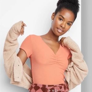 NWT Women's Short Sleeve V-Neck Cinch Thermal Baby T-Shirt Wild Fable Orange S